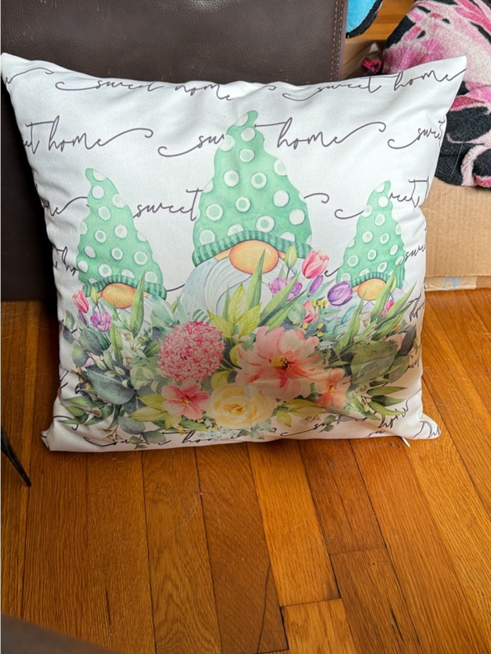 Decorative Spring Gnome Pillow - Mint Green Floral Accent